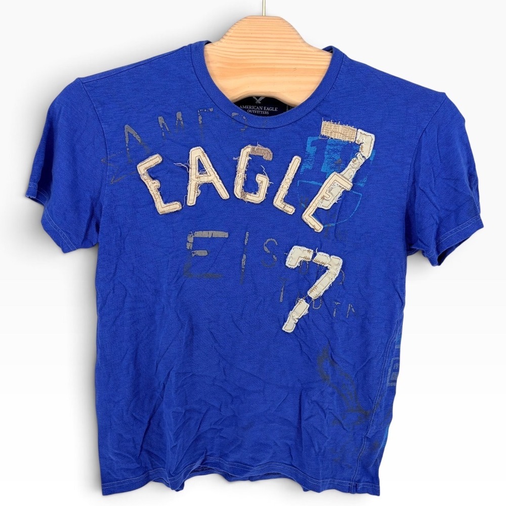 American Eagle T-Shirt Large Blue Vintage Fit Distressed Patchwork Graphic Tee